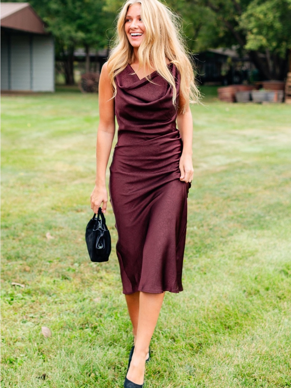 Cowl Neck Midi Dress in Wine